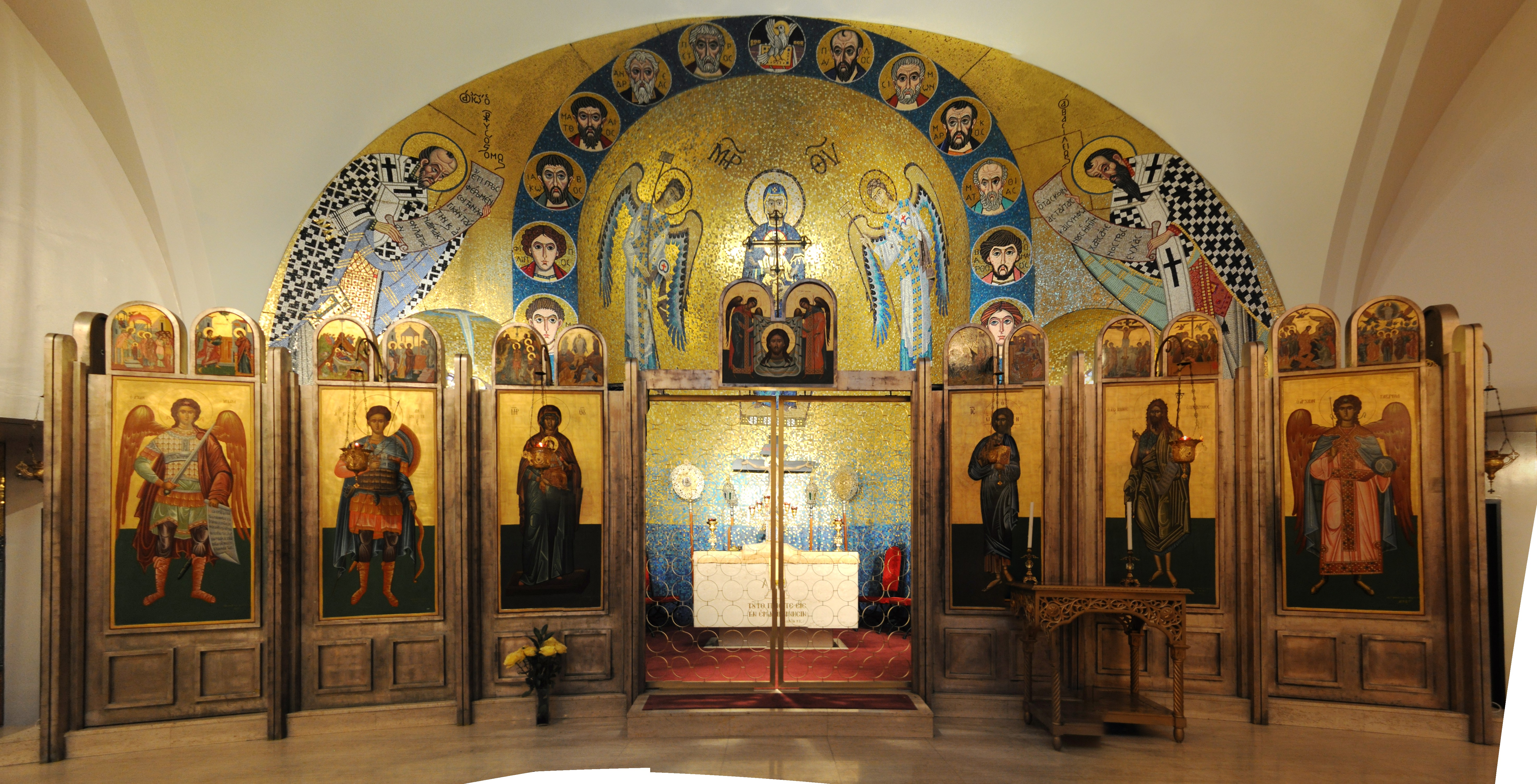 The iconostasis and sanctuary of St. Demetrios Greek Orthodox Church in Seattle